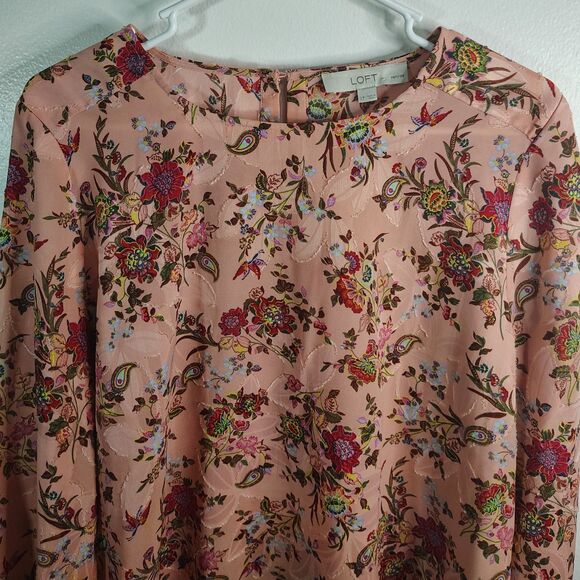 LOFT Pink Floral Paisley Boho Long Sleeve Blouse LP Large Petite Women Crewneck - Picture 2 of 6